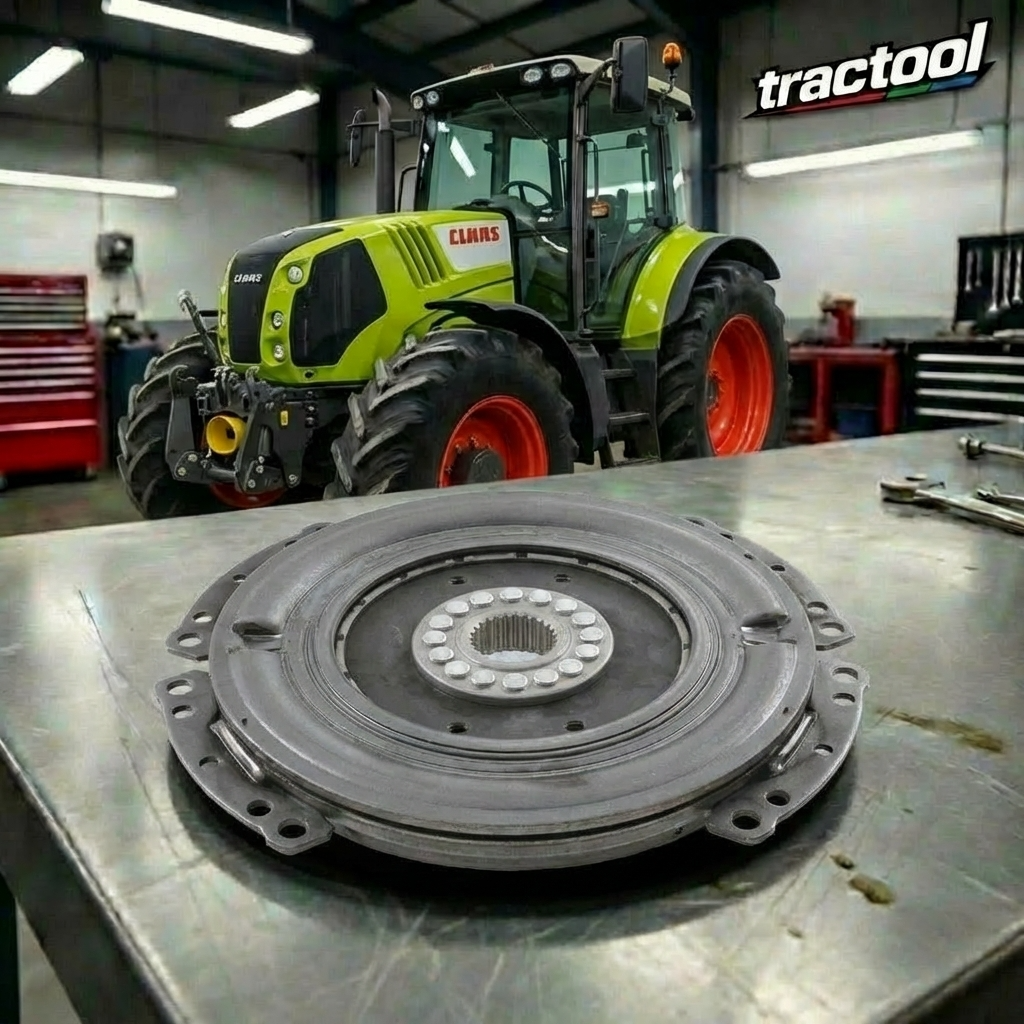 Claas Axion podczas wymiany tłumika drgań sprzęgła na warsztacie.
